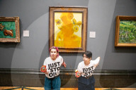 Climate activists splattered what appears to be tomato soup on "Sunflowers" by Vincent van Gogh