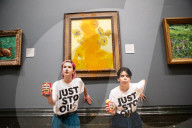 Climate activists splattered what appears to be tomato soup on "Sunflowers" by Vincent van Gogh