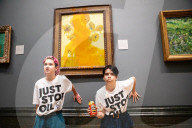 Climate activists splattered what appears to be tomato soup on "Sunflowers" by Vincent van Gogh