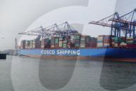 NEWS - Ein Containerfrachter der Cosco Shipping am Tollerort Anleger im Hafen Hamburg