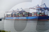 NEWS - Ein Containerfrachter der Cosco Shipping am Tollerort Anleger im Hafen Hamburg