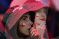 Fans react to the England v France World Cup Quarter Final football match, Boxpark, London.