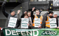 RMT rail strike picket line at Euston station, London