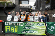 RMT rail strike picket line at Euston station, London