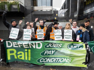 RMT rail strike picket line at Euston station, London