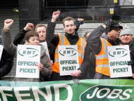 RMT rail strike picket line at Euston station, London