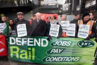 Mick Lynch leader of the RMT joins an official rail strike picket line outside Euston station, London, Great Britain 
6th January 2023