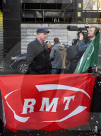 Mick Lynch leader of the RMT joins an official rail strike picket line outside Euston station, London, Great Britain 
6th January 2023