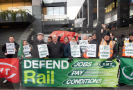 Mick Lynch leader of the RMT joins an official rail strike picket line outside Euston station, London, Great Britain 
6th January 2023
