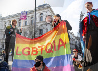 Trans rights rally in Whitehall, London, UK.