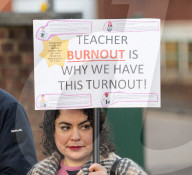 Dr Mary Bousted of the NEU on the picket line at Bishop Thomas Grant School, Streatham, London, UK. 