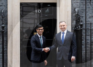Prime Minister Rishi Sunak greets President of the Republic of Poland Andrzej Duda at the door of No 10 Downing Street, London