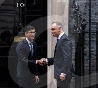 Prime Minister Rishi Sunak greets President of the Republic of Poland Andrzej Duda at the door of No 10 Downing Street, London