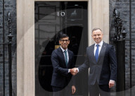 Prime Minister Rishi Sunak greets President of the Republic of Poland Andrzej Duda at the door of No 10 Downing Street, London