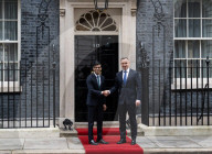 Prime Minister Rishi Sunak greets President of the Republic of Poland Andrzej Duda at the door of No 10 Downing Street, London