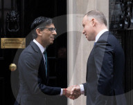 Prime Minister Rishi Sunak greets President of the Republic of Poland Andrzej Duda at the door of No 10 Downing Street, London