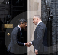 Prime Minister Rishi Sunak greets President of the Republic of Poland Andrzej Duda at the door of No 10 Downing Street, London