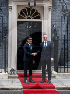 Prime Minister Rishi Sunak greets President of the Republic of Poland Andrzej Duda at the door of No 10 Downing Street, London