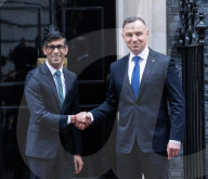 Prime Minister Rishi Sunak greets President of the Republic of Poland Andrzej Duda at the door of No 10 Downing Street, London