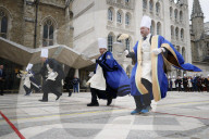 Shrove Tuesday pancake race in London, UK.