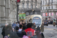 Milanese public transport at full capacity, many people in the city center on the first weekend of March