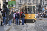 Milanese public transport at full capacity, many people in the city center on the first weekend of March