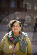 Manchester City councillor Ekua Bayunu outside the town hall and central library in the city centre