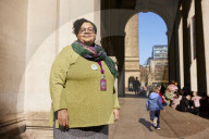 Manchester City councillor Ekua Bayunu outside the town hall and central library in the city centre