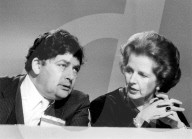 Chancellor Nigel Lawson with Margaret Thatcher  acknowledging ovation at Conservative Party conference in Brighton.