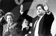 Chancellor Nigel Lawson with Margaret Thatcher  acknowledging ovation at Conservative Party conference in Brighton.