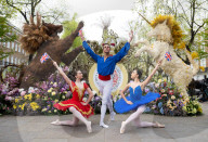 English National Ballet School dancers and King's Road Coronation floral installation press photocall, London, UK.