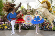 English National Ballet School dancers and King's Road Coronation floral installation press photocall, London, UK.