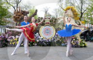 English National Ballet School dancers and King's Road Coronation floral installation press photocall, London, UK.