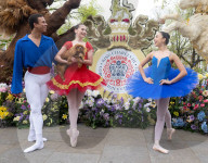 English National Ballet School dancers and King's Road Coronation floral installation press photocall, London, UK.