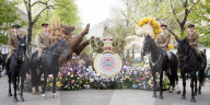 Household Cavalry Mounted Regiment with King's Road Coronation floral installation press photocall, London, UK.