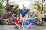 English National Ballet School dancers and King's Road Coronation floral installation press photocall, London, UK.