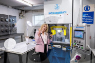Joanna Lumley presses the first King Charles coins for Gibraltar at Tower Mint, London, UK.