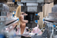 Joanna Lumley presses the first King Charles coins for Gibraltar at Tower Mint, London, UK.