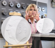 Joanna Lumley presses the first King Charles coins for Gibraltar at Tower Mint, London, UK.
