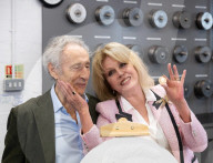 Joanna Lumley presses the first King Charles coins for Gibraltar at Tower Mint, London, UK.