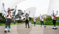 Greensleeves Morris Men dancing on Wimbledon Common, London.