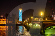 Big Ben Coronation projections at The Palace of Westminster, London, UK.