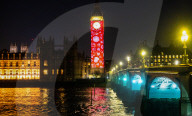 Big Ben Coronation projections at The Palace of Westminster, London, UK.