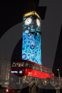 Big Ben Coronation projections at The Palace of Westminster, London, UK.