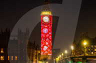 Big Ben Coronation projections at The Palace of Westminster, London, UK.