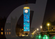 Big Ben Coronation projections at The Palace of Westminster, London, UK.