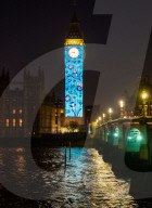 Big Ben Coronation projections at The Palace of Westminster, London, UK.