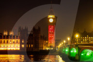 Big Ben Coronation projections at The Palace of Westminster, London, UK.