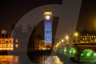 Big Ben Coronation projections at The Palace of Westminster, London, UK.