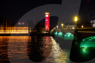 Big Ben Coronation projections at The Palace of Westminster, London, UK.
